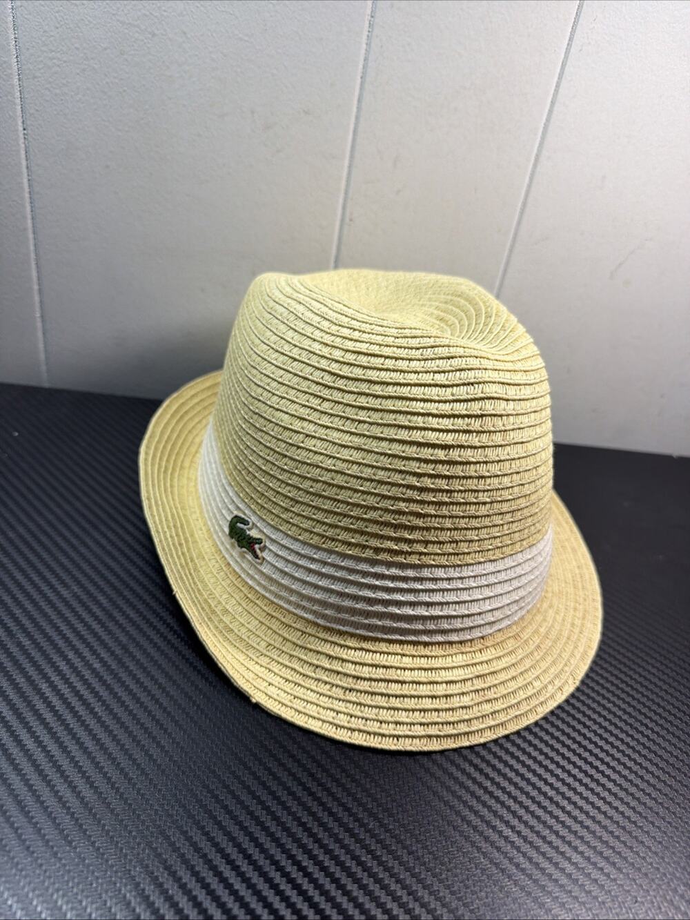 Lacoste Live Hat Trilby Mens Yellow Straw Stripe Lightweight Beach Summer P2